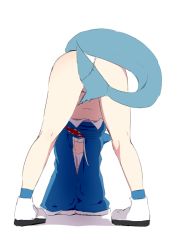 Rule 34 | 1girl, ass, bad id, bad twitter id, bent over, blue hoodie, fins, fish tail, from behind, gawr gura, gawr gura (1st costume), hololive, hololive english, hood, hoodie, legs, long sleeves, navel, shark print, shark tail, solo, tail, tottotonero, view between legs, virtual youtuber, white hair