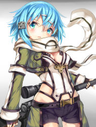 Rule 34 | 10s, 1girl, anti-materiel rifle, belt, blue eyes, blue hair, bolt action, breasts, cleavage, cowboy shot, cropped jacket, gun, hair ornament, leotard, long sleeves, looking at viewer, matching hair/eyes, pgm hecate ii, rifle, scarf, scope, shorts, sinon, sniper rifle, solo, sword art online, umagenzin, weapon