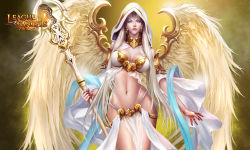 Rule 34 | 1girl, angel, blonde hair, breasts, league of angels, lipstick, long hair, makeup, midriff, navel, no panties, official art, pelvic curtain, realistic, revealing clothes, solo, wings