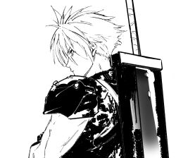 Rule 34 | 1boy, armor, buster sword, closed mouth, cloud strife, final fantasy, final fantasy vii, from side, greatsword, greyscale, hair between eyes, kakeami, male focus, monochrome, profile, simple background, solo, spiked hair, sword, upper body, weapon, weapon on back