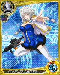 Rule 34 | 1girl, bow, braid, breasts, card (medium), cleavage, grayfia lucifuge, grey eyes, grey hair, grey thighhighs, gun, high school dxd, holding, holding gun, holding weapon, large breasts, lipstick, long hair, maid headdress, makeup, matching hair/eyes, multiple braids, red lips, smile, solo, tagme, thighhighs, weapon