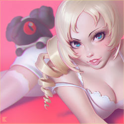 Rule 34 | 1girl, blonde hair, blue eyes, blurry, bra, breasts, catherine, catherine (game), chromatic aberration, cleavage, commentary, crossed legs, depth of field, dress, drill hair, dutch angle, eyebrows, eyelashes, gradient background, ilya kuvshinov, lips, looking at viewer, lying, medium breasts, medium hair, nose, on side, parted lips, realistic, sheep, short dress, simple background, solo, strap slip, thighhighs, twin drills, underwear, white bra, white dress, white thighhighs, zettai ryouiki