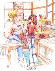 Rule 34 | 1990s (style), cloud strife, cooking, final fantasy, final fantasy vii, food, from behind, holding hands, kitchen, pot, rug, tifa lockhart, window