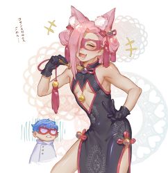 Rule 34 | 2boys, absurdres, animal ear fluff, animal ears, blue hair, blush, bow, china dress, chinese clothes, cleavage cutout, closed eyes, clothing cutout, cosplay, crossdressing, double bun, dress, extra ears, fang, fate (series), fox ears, ghiaccio, glasses, gloves, hair bow, hair bun, hair ornament, hand fan, highres, iroha741852963, jojo no kimyou na bouken, kemonomimi mode, koyanskaya (chinese lostbelt outfit) (fate), koyanskaya (fate), koyanskaya (fate) (cosplay), male focus, mask, melone, multiple boys, open mouth, patterned background, pink hair, smile, tamamo (fate), trap, v, vento aureo