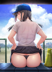 Rule 34 | 1girl, ass, baseball cap, black panties, blush, bra visible through clothes, breasts, butt crack, closed mouth, clothes lift, cloud, day, fence, from behind, gentsuki, hat, highres, lace, lace-trimmed panties, lace trim, large breasts, lifted by self, long hair, looking at viewer, looking back, megaphone, miniskirt, original, panties, pleated skirt, profile, see-through, shirt, sidelocks, sitting, skindentation, skirt, skirt lift, smile, solo, thong, twintails, underwear