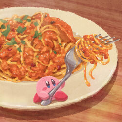 Rule 34 | blue eyes, blush stickers, food, food focus, fork, holding, holding fork, kirby, kirby (series), miclot, miniature, nintendo, no humans, open mouth, pasta, pink footwear, shoes, spaghetti, table