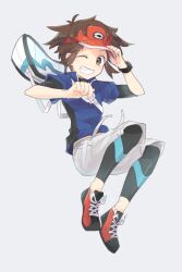 Rule 34 | 1boy, bag, blue jacket, bodysuit, bodysuit under clothes, brown eyes, brown hair, commentary request, creatures (company), full body, game freak, grin, hand on headwear, hat, jacket, looking down, male focus, nate (pokemon), niimura (csnel), nintendo, one eye closed, pokemon, pokemon bw2, red hat, shoes, short hair, shorts, shoulder bag, simple background, smile, sneakers, solo, teeth, visor cap, white background, xtransceiver, zipper pull tab