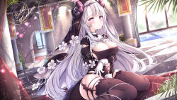 Rule 34 | 1girl, black dress, black thighhighs, blush, breasts, cleavage, copyright request, demon horns, dress, gloves, grey hair, highres, horns, large breasts, long hair, long sleeves, looking at viewer, manman manyou haiyang de paomo, parted lips, red eyes, sitting, solo, tail, thighhighs, thighs, wariza, white gloves