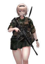 Rule 34 | 1girl, absurdres, ammunition belt, assault rifle, bare legs, black hairband, blonde hair, blue eyes, body armor, breasts, camouflage, camouflage shirt, closed mouth, feet out of frame, green skirt, gun, h&amp;k hk416, hairband, headset, highres, holding, holding gun, holding weapon, legs, light blush, looking at viewer, medium breasts, military, norwegian flag, original, rifle, rynn (rynn cube), shirt, short hair, skirt, sleeves rolled up, solo, standing, tactical clothes, thighs, watch, weapon, white background