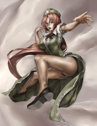 Rule 34 | 1girl, black panties, blue eyes, braid, breasts, china dress, chinese clothes, dress, female focus, foreshortening, hat, hong meiling, immaterial and missing power, jumping, large breasts, legs, long hair, matsutake umeo, panties, red hair, solo, star (symbol), touhou, underwear, very long hair