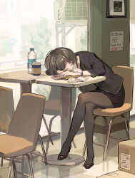 Rule 34 | black footwear, black hair, black jacket, black pantyhose, black skirt, bottle, cellphone, chinese commentary, commentary request, crossed legs, cup, disposable cup, high heels, highres, jacket, mixed-language commentary, office lady, office lady taiwan, original, pantyhose, pencil skirt, phone, short hair, sitting, skirt, sleeping, smartphone, table, taiwan, tennohi