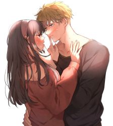 Rule 34 | 1boy, 1girl, bare shoulders, black hair, blonde hair, blush, couple, finger in another&#039;s mouth, funa2001, green eyes, hairband, hand on another&#039;s chin, highres, long hair, long sleeves, looking at another, red eyes, red sweater, spy x family, sweat, sweater, twilight (spy x family), white background, yor briar