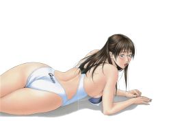 Rule 34 | 1girl, ass, back, black hair, blush, breasts, brown eyes, competition swimsuit, covered erect nipples, g-taste, glasses, highres, large breasts, lipstick, long hair, looking back, lying, makeup, mizukoshi sayaka, nail polish, on stomach, one-piece swimsuit, open mouth, red nails, solo, swimsuit, thighs, wallpaper, yagami hiroki