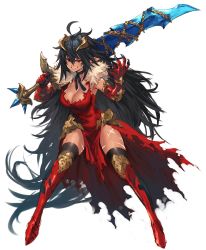 Rule 34 | 1girl, absurdly long hair, ahoge, black hair, black thighhighs, bow, bowtie, breasts, chain, claws, cleavage, commentary request, dark-skinned female, dark skin, dress, elbow gloves, facial scar, fang, full body, fur trim, gloves, highres, holding, holding sword, holding weapon, horns, large breasts, lips, long hair, makimura shunsuke, original, over shoulder, parted lips, pelvic curtain, pointy ears, red dress, red eyes, red gloves, scar, scar on cheek, scar on face, sidelocks, simple background, sleeveless, smile, solo, sword, thighhighs, torn clothes, very long hair, weapon, weapon over shoulder, white background