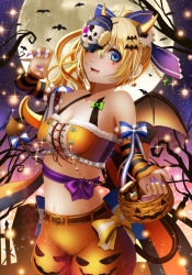 Rule 34 | 1girl, blonde hair, blue eyes, bow, breasts, cleavage, collarbone, detached sleeves, fang, fingernails, green bow, halloween, heart, horns, kentaurosu, long hair, looking at viewer, mask over one eye, medium breasts, moon, nail polish, navel, night, open mouth, pumpkin, purple nails, shironeko project, solo, sophie (shironeko project), striped