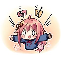 Rule 34 | ahoge, cherry blossoms, chibi, crescent, crescent hair ornament, gradient background, hair ornament, kantai collection, kusada souta, long hair, official art, open mouth, outstretched arms, pink hair, rabbit hair ornament, school uniform, serafuku, solid oval eyes, solo, spread arms, transparent background, uzuki (kancolle)