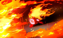 Rule 34 | black background, blush stickers, breath weapon, breathing fire, burning, colored skin, commentary request, copy ability, crown, embers, fire, fire kirby, gem, gold headwear, green gemstone, grey eyes, kirby (series), looking ahead, nintendo, no humans, pink skin, red footwear, shadow, shirushiki, shoes, solo, v-shaped eyebrows