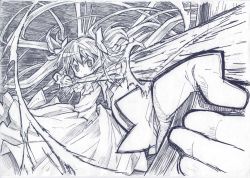 Rule 34 | 10s, 1girl, aiming, arrow (projectile), bow (weapon), drawing bow, foreshortening, gloves, graphite (medium), greyscale, holding, holding arrow, holding bow (weapon), holding weapon, kaname madoka, long hair, mahou shoujo madoka magica, mahou shoujo madoka magica (anime), monochrome, outstretched arm, sakino shingetsu, solo, spoilers, traditional media, twintails, ultimate madoka, weapon