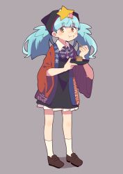 Rule 34 | 10s, 1girl, blue hair, eating, female focus, food, food on face, full body, hair ornament, happi, head scarf, hoshikawa lily, japanese clothes, nakkasu, simple background, solo, star (symbol), star hair ornament, toothpick, twintails, wide sleeves, zombie land saga