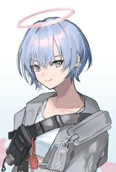 Rule 34 | 1girl, arknights, blue background, blue hair, commentary request, earrings, gradient background, grey eyes, grey jacket, halo, highres, jacket, jewelry, looking at viewer, nanase (nanase cg), short hair, smile, solo, spuria (arknights), tank top, white background, white tank top