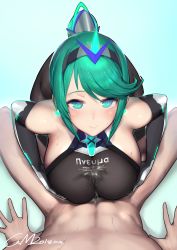 Rule 34 | 1boy, 1girl, 2018, absurdres, blush, breasts, character name, clothed female nude male, commentary request, dated, elbow gloves, gloves, gorgeous mushroom, gradient background, greek text, green eyes, green hair, hair ornament, heart, hetero, highres, large breasts, long hair, looking at viewer, matching hair/eyes, nintendo, nude, paizuri, paizuri under clothes, penis, pneuma (xenoblade), ponytail, pov, rex (xenoblade), signature, smile, solo focus, spoilers, spoken heart, swept bangs, xenoblade chronicles (series), xenoblade chronicles 2