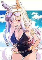 Rule 34 | 1girl, :d, animal ears, bare shoulders, black one-piece swimsuit, blue sky, blunt bangs, breasts, casual one-piece swimsuit, cleavage, cloud, cloudy sky, eyewear on head, gold ship (run revolt launcher) (umamusume), gold ship (umamusume), grin, highres, horse ears, horse girl, horse tail, looking at viewer, noru nekomiya, official alternate costume, one-piece swimsuit, open mouth, outdoors, purple eyes, sky, smile, solo, swimsuit, tail, teeth, umamusume