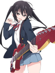 Rule 34 | 1girl, black hair, blazer, blue skirt, blush, brown eyes, electric guitar, fender mustang, guitar, instrument, ixy, jacket, k-on!, long hair, long sleeves, nakano azusa, open clothes, open jacket, open mouth, pleated skirt, red neckwear, red ribbon, ribbon, sakuragaoka high school uniform, school uniform, shirt, simple background, skirt, smile, solo, twintails, white background, white shirt