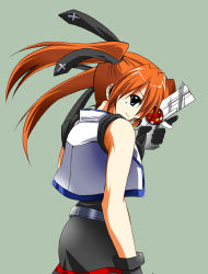 Rule 34 | 00s, 1girl, blue eyes, cross mirage, gun, lyrical nanoha, mahou shoujo lyrical nanoha, mahou shoujo lyrical nanoha strikers, red hair, solo, teana lanster, twintails, weapon