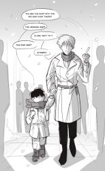 Rule 34 | 2boys, child, coat, comic, commentary, english commentary, english text, full body, greyscale, highres, holding hands, kageyama shigeo, long sleeves, looking at another, male focus, mob psycho 100, monochrome, mp100days, multiple boys, open mouth, reigen arataka, scarf, short hair, snowing, speech bubble, standing, walking, winter