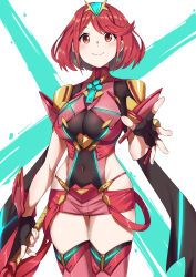 Rule 34 | 1girl, absurdres, aegis sword (xenoblade), black gloves, breasts, chest jewel, earrings, fingerless gloves, gloves, highres, jewelry, large breasts, pyra (xenoblade), red eyes, red hair, red shorts, red thighhighs, short hair, short shorts, shorts, showhey!!, solo, swept bangs, sword, thighhighs, tiara, weapon, xenoblade chronicles (series), xenoblade chronicles 2