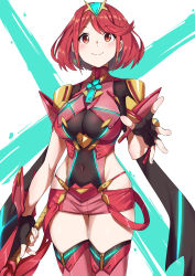 1girl absurdres aegis_sword_(xenoblade) black_gloves breasts chest_jewel earrings fingerless_gloves gloves highres jewelry large_breasts pyra_(xenoblade) red_eyes red_hair red_shorts red_thighhighs short_hair short_shorts shorts showhey!! solo swept_bangs sword thighhighs tiara weapon xenoblade_chronicles_(series) xenoblade_chronicles_2