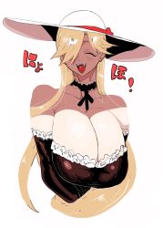 Rule 34 | 1girl, blonde hair, breasts, choker, cleavage, collarbone, detached sleeves, doctor masube, dress, closed eyes, fang, hat, highres, huge breasts, long hair, lucretia (doctor masube), one eye covered, original, smile, solo, translation request, vampire, very long hair, white background