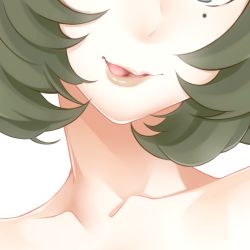Rule 34 | 10s, 1girl, bare shoulders, brown hair, close-up, collarbone, head out of frame, idolmaster, idolmaster cinderella girls, licking lips, mole, mole under eye, open mouth, short hair, smile, solo, takagaki kaede, tongue, tongue out, touryou