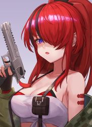 Rule 34 | 1girl, absurdres, bandeau, bare shoulders, black gloves, black hair, breasts, cleavage, commentary request, devonrex, fingerless gloves, gloves, green jacket, gun, hair over one eye, hand up, handgun, highres, holding, holding gun, holding weapon, jacket, lain paterson, lain paterson (1st costume), large breasts, long hair, long sleeves, looking at viewer, multicolored hair, nijisanji, off shoulder, open clothes, open jacket, open mouth, pistol, purple background, purple eyes, red hair, simple background, solo, strapless, streaked hair, suspenders, tube top, upper body, virtual youtuber, weapon