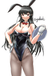 Rule 34 | 1girl, absurdres, agodashi, alternate costume, animal ears, bare shoulders, black hair, black leotard, black pantyhose, bow, bowtie, breasts, cleavage, closed mouth, covered navel, detached collar, fake animal ears, gloves, hair ribbon, hand on own hip, highres, isokaze (kancolle), kantai collection, large breasts, leotard, long hair, looking at viewer, one-hour drawing challenge, pantyhose, playboy bunny, rabbit ears, rabbit tail, red bow, red bowtie, red eyes, ribbon, simple background, smile, solo, standing, strapless, strapless leotard, tail, tress ribbon, twitter username, white background, white gloves, wrist cuffs
