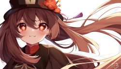 Rule 34 | 1girl, :3, black hat, brown hair, commentary, flower, genshin impact, hair between eyes, hat, highres, hu tao (genshin impact), looking at viewer, nahaki, red eyes, simple background, smile, solo, symbol-only commentary, symbol-shaped pupils, twintails, wavy mouth, white background