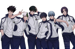 6+boys antenna_hair black_hair black_pants blue_lock character_request closed_mouth commentary_request cowboy_shot grin hand_on_own_head hands_in_pockets highres isagi_yoichi itoshi_rin jacket lllou_illust long_sleeves looking_at_viewer male_focus mikage_reo multicolored_hair multiple_boys pants short_hair simple_background smile two-tone_hair v white_background white_jacket