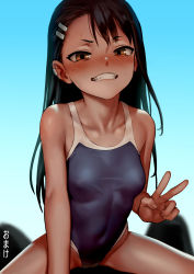 Rule 34 | 1girl, as109, black hair, blue one-piece swimsuit, blush, breasts, brown eyes, collarbone, covered erect nipples, covered navel, dark-skinned female, dark skin, fang, girl on top, hair ornament, hairclip, highres, ijiranaide nagatoro-san, lips, long hair, looking at viewer, nagatoro hayase, one-piece swimsuit, school swimsuit, small breasts, solo, solo focus, sweat, swimsuit, teeth, v