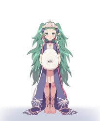 Rule 34 | 1girl, anklet, barefoot, big hair, blunt bangs, blush, braid, closed mouth, dress, egg, eyebrows, feet, female focus, fire emblem, fire emblem: three houses, full body, green eyes, green hair, holding, holding egg, jewelry, long hair, looking at viewer, maidforge, nintendo, pelvic curtain, pointy ears, ribbon braid, simple background, solo, sothis (fire emblem), standing, tiara, toes, translated, twin braids, very long hair, white background