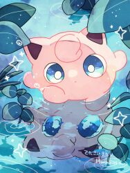 Rule 34 | artist name, blue eyes, bright pupils, closed mouth, colored skin, commentary request, creatures (company), dew drop, game freak, gen 1 pokemon, hanabusaoekaki, highres, jigglypuff, leaf, nintendo, no humans, pink skin, plant, pokemon, pokemon (creature), reflection, ripples, sparkle, water, water drop, white pupils