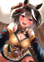 Rule 34 | 1girl, animal ears, blush, breasts, cleavage, commentary, commentary request, curtains, detached sleeves, hair between eyes, hair ornament, heavy breathing, highres, horse ears, horse girl, kitasan black (umamusume), large breasts, looking at viewer, pov, red eyes, sg (esujii), solo, umamusume
