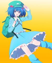 Rule 34 | 1girl, 50yen, :d, backpack, bad id, bad pixiv id, bag, blue eyes, blue hair, boots, female focus, hair bobbles, hair ornament, hat, kawashiro nitori, key, matching hair/eyes, open mouth, randoseru, salute, short hair, smile, solo, touhou, twintails, two side up