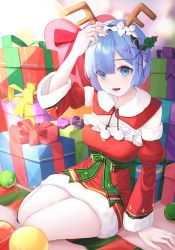 Rule 34 | 1girl, :d, absurdres, alternate costume, arm support, arm up, blue eyes, blue hair, blush, bow, box, breasts, christmas, cleavage, commentary request, detached collar, detached sleeves, dress, fake antlers, frilled dress, frills, gift, gift box, green ribbon, hair ornament, hair over one eye, hair ribbon, hand on own head, highres, huge filesize, juliet sleeves, kongsi, long sleeves, looking at viewer, lower teeth only, medium breasts, open mouth, puffy sleeves, purple ribbon, re:zero kara hajimeru isekai seikatsu, red bow, red dress, red sleeves, rem (re:zero), ribbon, short hair, sitting, smile, solo, teeth, x hair ornament, yokozuwari