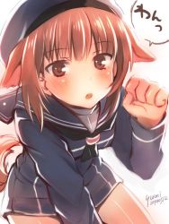 Rule 34 | 10s, 1girl, animal ears, blush, brown eyes, brown hair, clothes writing, dated, dog ears, dog tail, dress, hat, kantai collection, looking up, sailor collar, sailor dress, sailor hat, short hair, signature, solo, tail, translated, yumi yumi, z3 max schultz (kancolle)