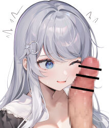 Rule 34 | 1girl, bar censor, blue eyes, censored, erection, grey hair, hair ornament, hairclip, highres, long hair, looking to the side, machi (7769), mosaic pattern, one eye closed, open mouth, original, penis, penis on face, sweatdrop, upper body