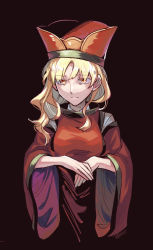 Rule 34 | 1girl, black background, blonde hair, breasts, cape, closed mouth, crown, detached sleeves, eyes visible through hair, hair between eyes, hands up, hat, highres, long sleeves, looking at viewer, matara okina, medium breasts, medium hair, orange cape, orange eyes, orange hat, orange sleeves, own hands together, shikido (khf), shirt, simple background, solo, touhou, white shirt, wide sleeves