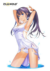 1girl alternate_hair_color armpits arms_behind_head arms_up bare_arms bikini blue_eyes breasts cleavage closers clothing_cutout copyright_name cowboy_shot dress_swimsuit grin hair_flowing_over hairband hand_on_own_head hands_up highres logo long_hair looking_at_viewer medium_breasts official_art one-piece_tan parted_lips purple_hair purple_ribbon ribbon side-tie_bikini_bottom side_cutout smile solo string_bikini swimsuit tan tanline variant_set violet_(closers) wading water wet white_background white_bikini white_hairband