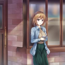 Rule 34 | 1girl, blue jacket, blush, breasts, brick wall, brown eyes, brown hair, brown shirt, commentary request, cup, day, disposable cup, door, green skirt, hinoka (allen), holding, holding cup, jacket, looking at viewer, medium breasts, open clothes, open jacket, original, outdoors, parted lips, pleated skirt, shirt, skirt, solo, window