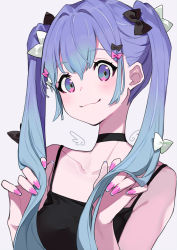 Rule 34 | 1girl, bare shoulders, blue background, blue eyes, blue hair, blush, bow, breasts, choker, hair between eyes, hair bow, hatsune miku, highres, long hair, looking at viewer, md5 mismatch, nail polish, purple nails, resolution mismatch, simple background, smile, solo, source larger, twintails, vocaloid, yuu (higashi no penguin)