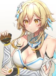 Rule 34 | 1girl, bare shoulders, blonde hair, blush, breasts, chumugi, cleavage, coin, coin purse, crying, dress, flower, frown, genshin impact, hair between eyes, hair flower, hair ornament, highres, large breasts, lumine (genshin impact), sad, short hair, short hair with long locks, sobbing, solo, tears, yellow eyes